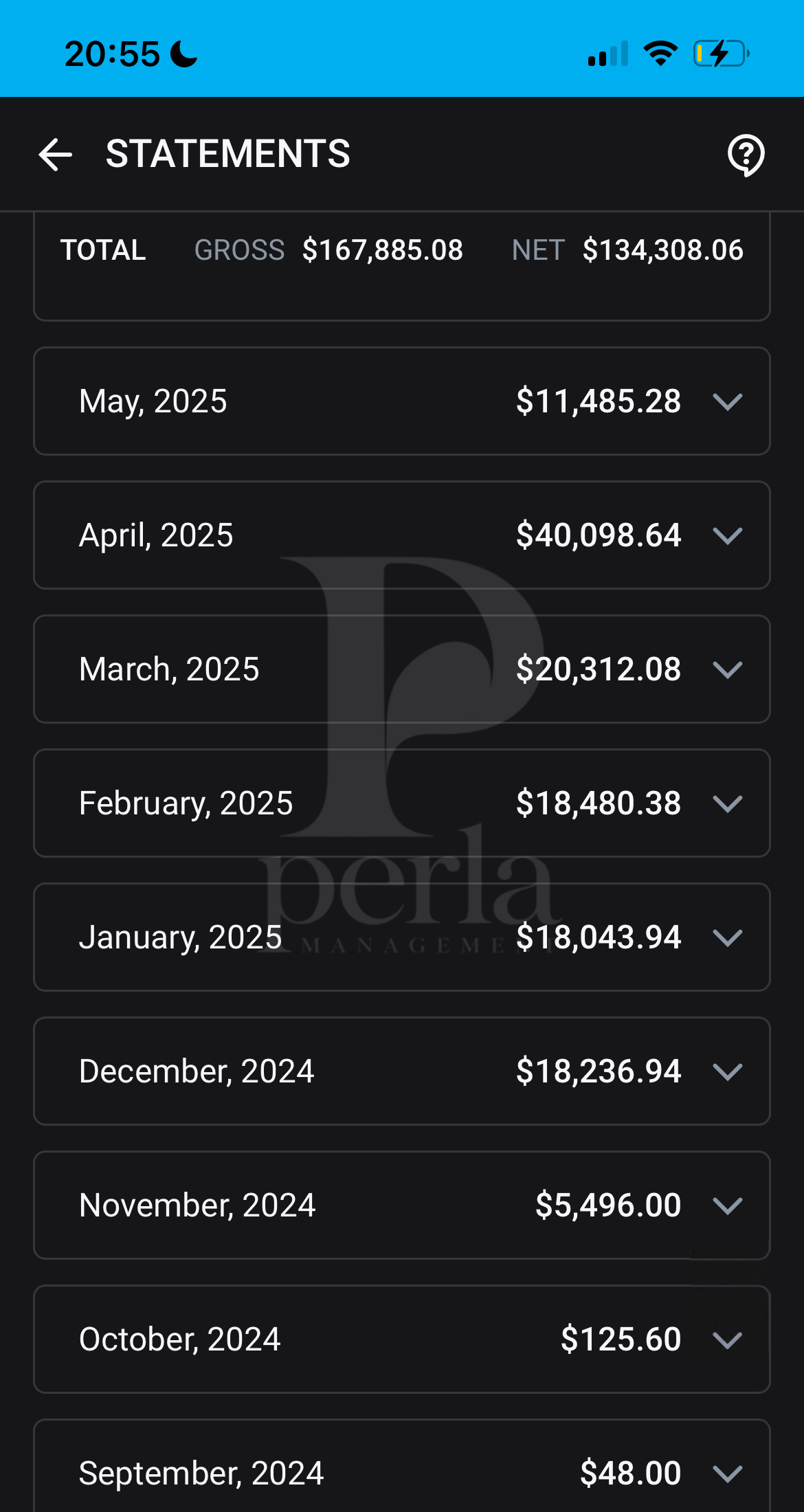 Creator A monthly statement showing $125.60 in October 2024 and $40,098.64 in April 2025.